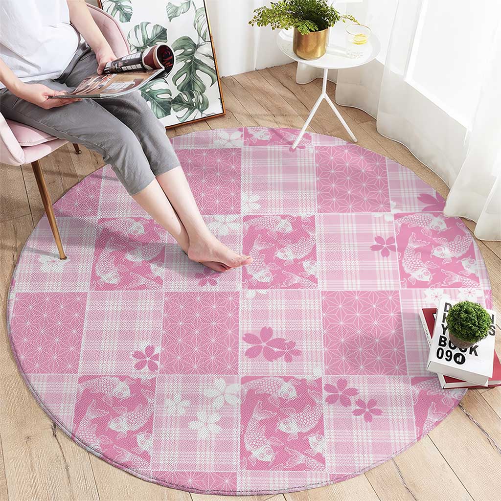 Pink Palaka Japanese Patterns Round Carpet Koi Fish Asanoha Sakura Patchwork Stylized LT14 - Polynesian Pride