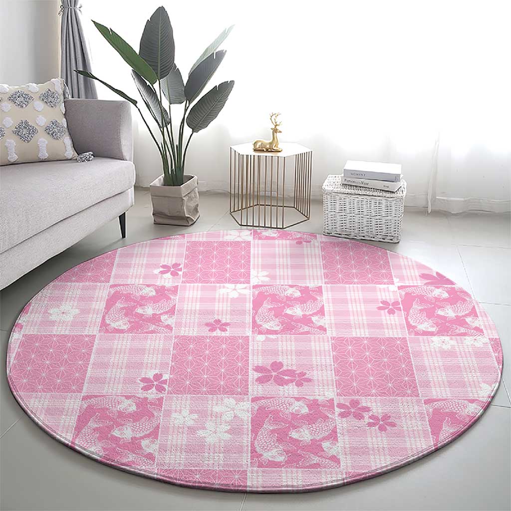 Pink Palaka Japanese Patterns Round Carpet Koi Fish Asanoha Sakura Patchwork Stylized LT14 - Polynesian Pride