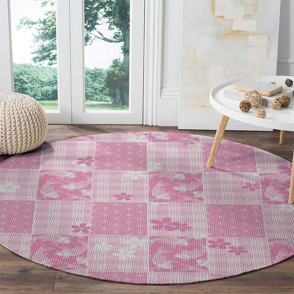 Pink Palaka Japanese Patterns Round Carpet Koi Fish Asanoha Sakura Patchwork Stylized LT14 - Polynesian Pride