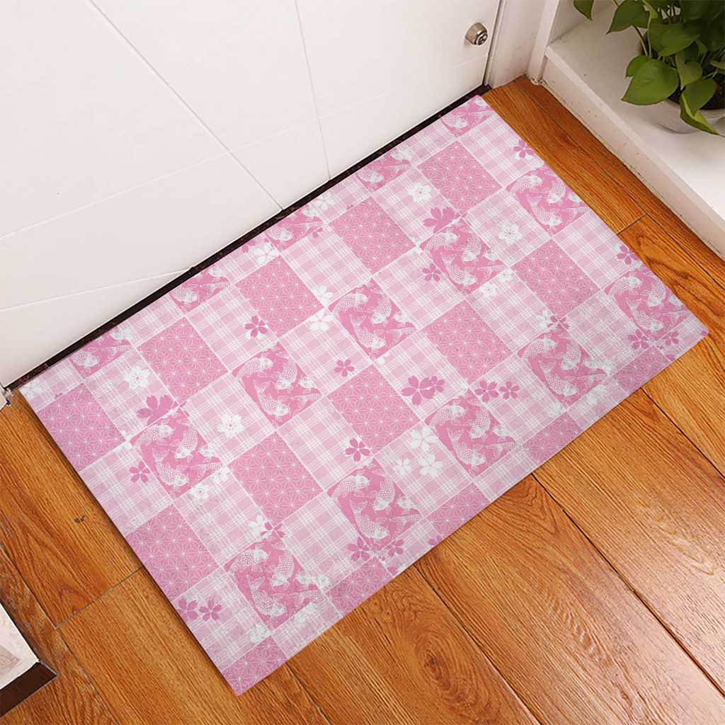 Pink Palaka Japanese Patterns Rubber Doormat Koi Fish Asanoha Sakura Patchwork Stylized LT14 - Polynesian Pride