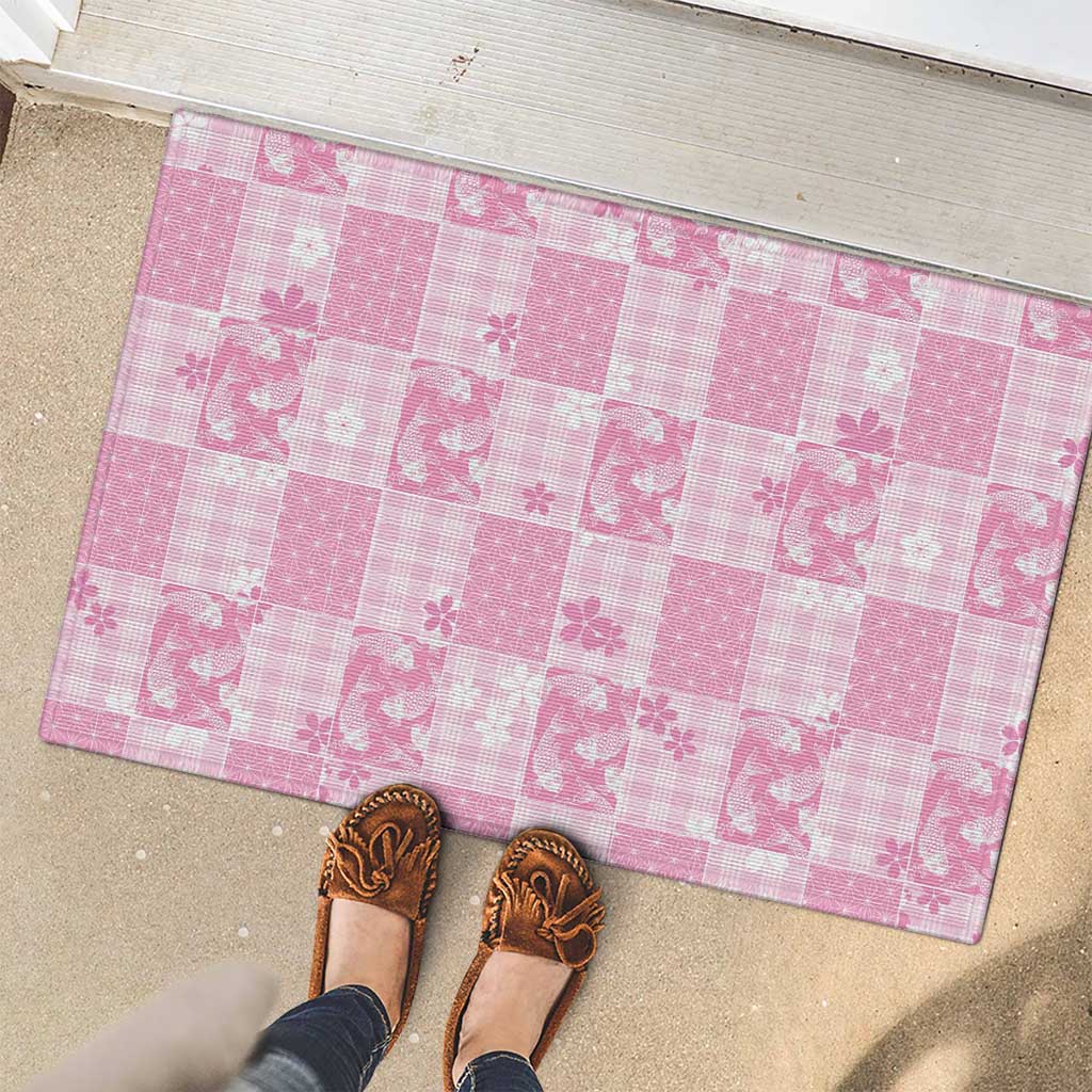 Pink Palaka Japanese Patterns Rubber Doormat Koi Fish Asanoha Sakura Patchwork Stylized LT14 - Polynesian Pride