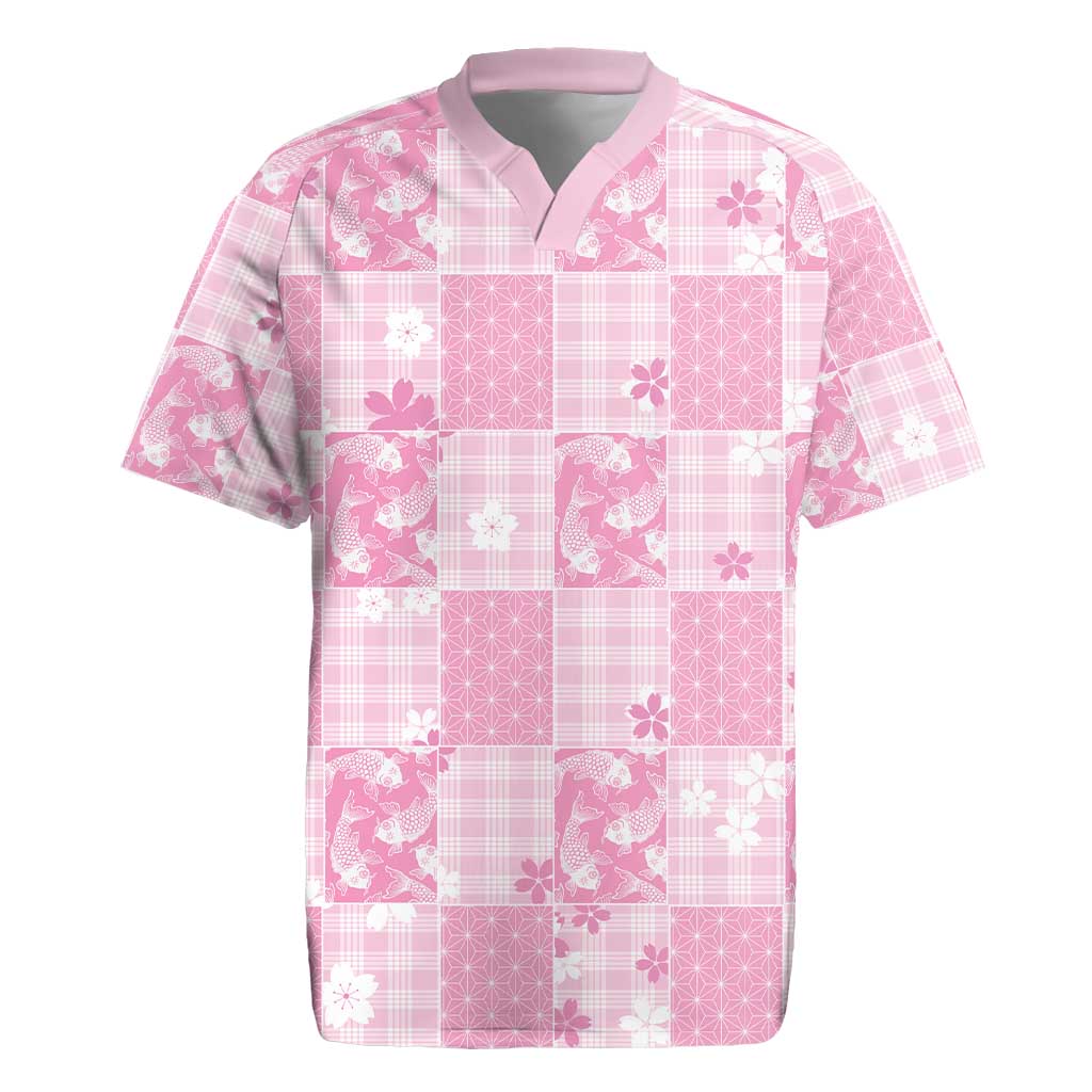 Pink Palaka Japanese Patterns Rugby Jersey Koi Fish Asanoha Sakura Patchwork Stylized - Polynesian Pride