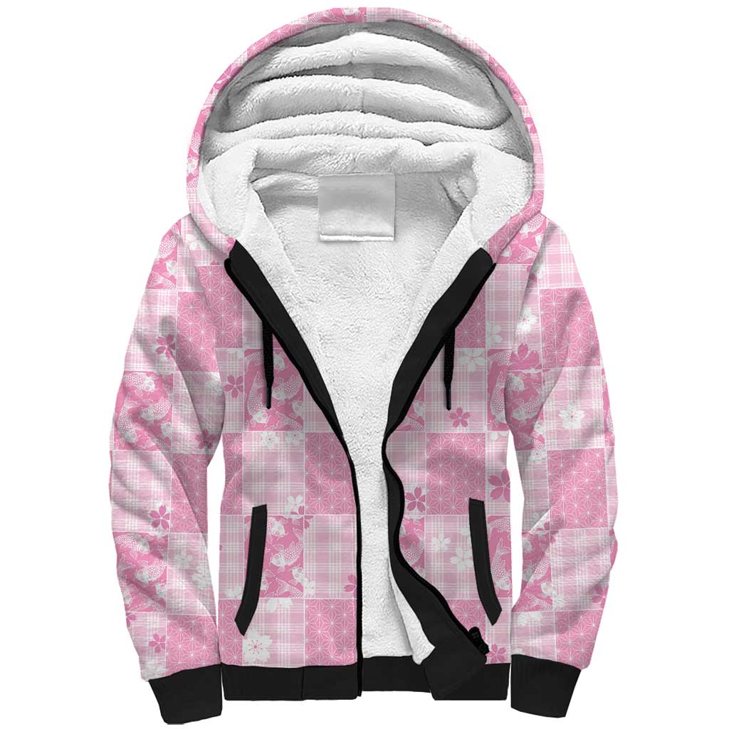 Pink Palaka Japanese Patterns Sherpa Hoodie Koi Fish Asanoha Sakura Patchwork Stylized LT14 Unisex Pink - Polynesian Pride
