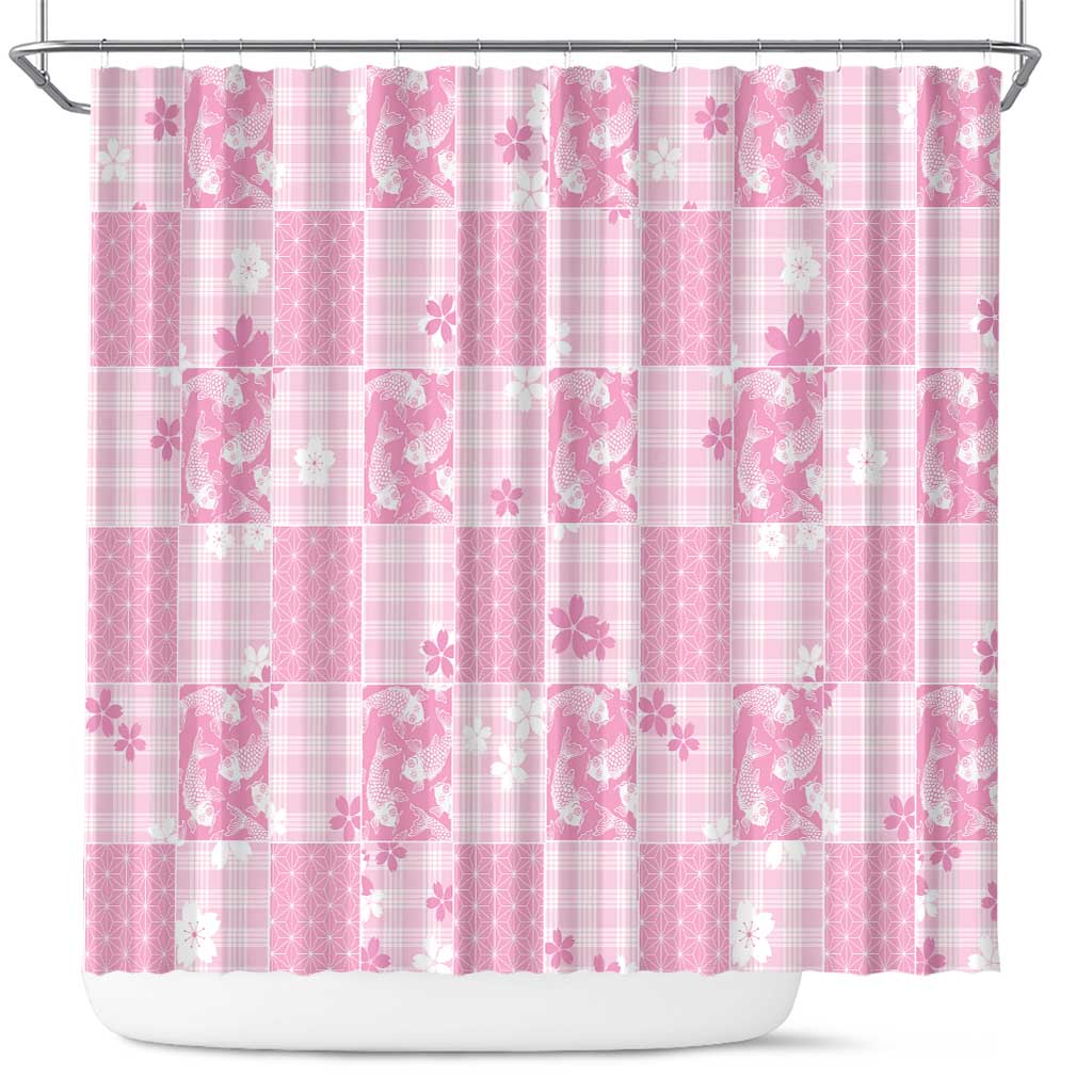 Pink Palaka Japanese Patterns Shower Curtain Koi Fish Asanoha Sakura Patchwork Stylized LT14 Pink - Polynesian Pride