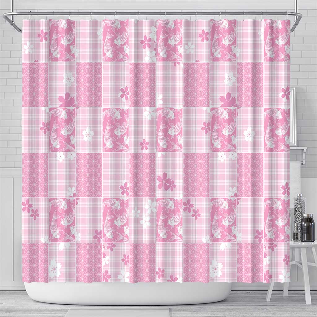 Pink Palaka Japanese Patterns Shower Curtain Koi Fish Asanoha Sakura Patchwork Stylized LT14 - Polynesian Pride