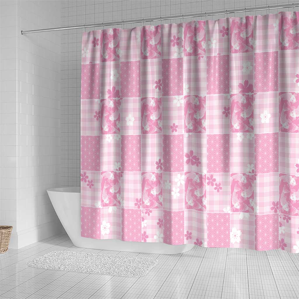 Pink Palaka Japanese Patterns Shower Curtain Koi Fish Asanoha Sakura Patchwork Stylized LT14 - Polynesian Pride