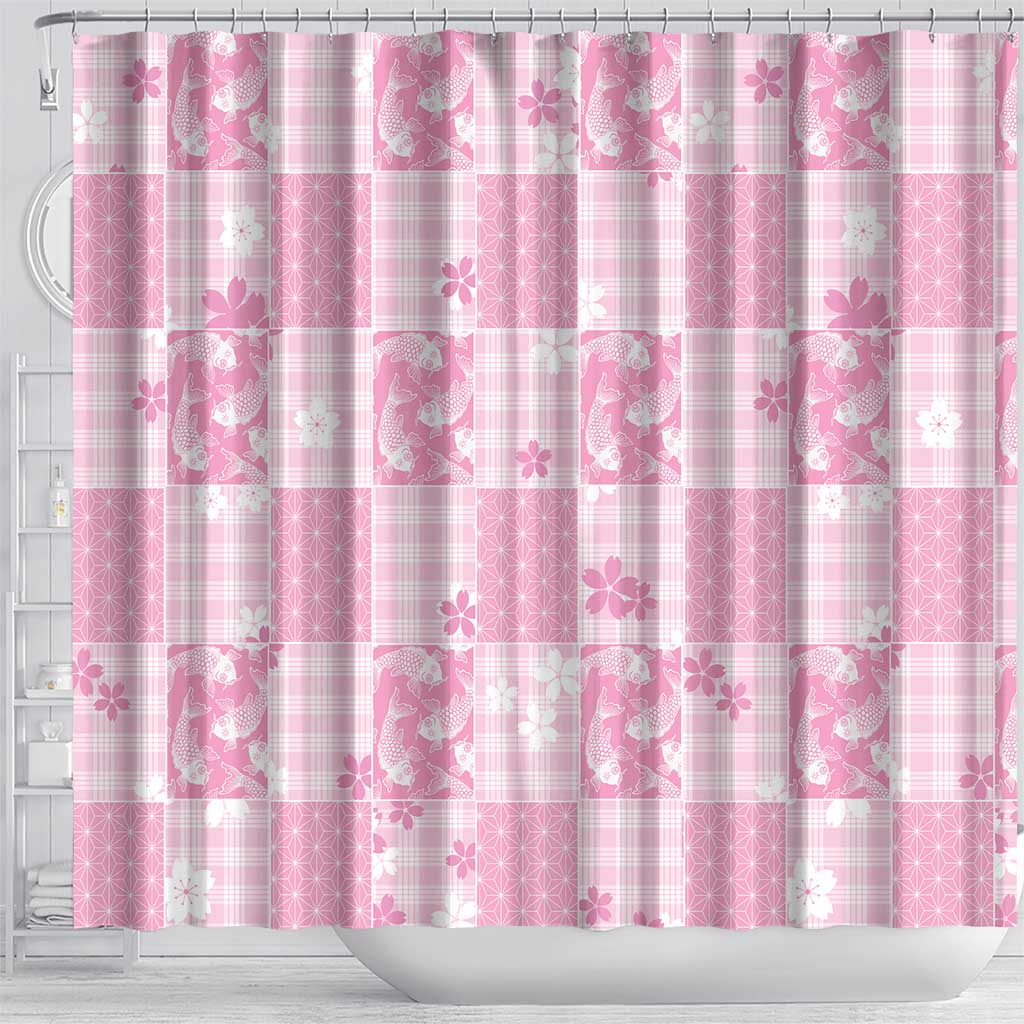 Pink Palaka Japanese Patterns Shower Curtain Koi Fish Asanoha Sakura Patchwork Stylized LT14 - Polynesian Pride