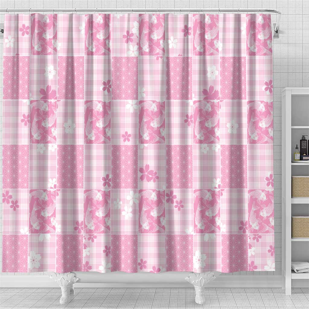 Pink Palaka Japanese Patterns Shower Curtain Koi Fish Asanoha Sakura Patchwork Stylized LT14 - Polynesian Pride