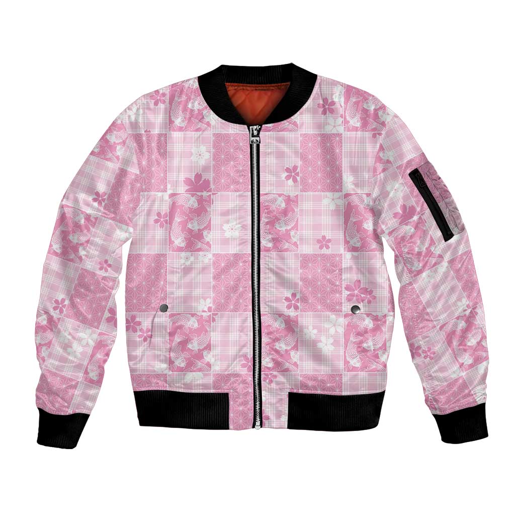 Pink Palaka Japanese Patterns Sleeve Zip Bomber Jacket Koi Fish Asanoha Sakura Patchwork Stylized LT14 Unisex Pink - Polynesian Pride