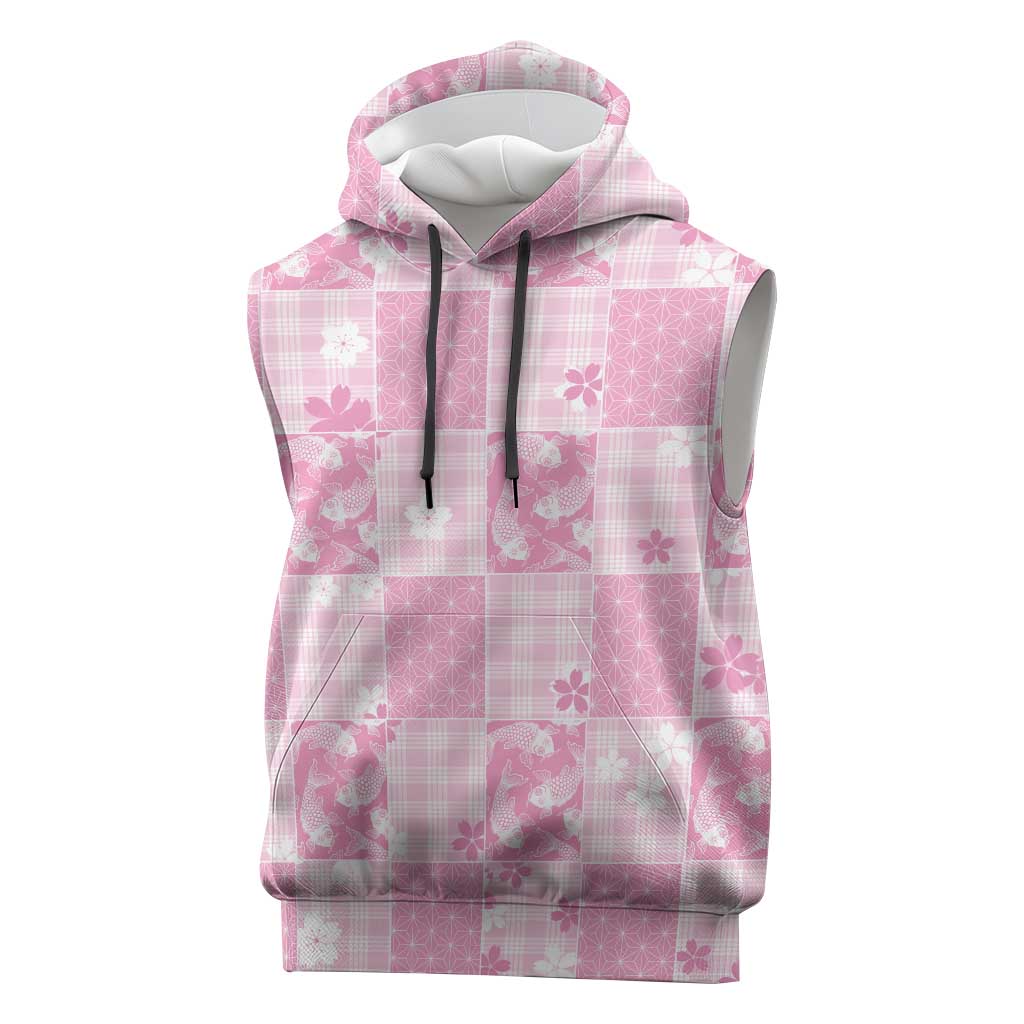 Pink Palaka Japanese Patterns Sleeveless Hoodie Koi Fish Asanoha Sakura Patchwork Stylized - Polynesian Pride