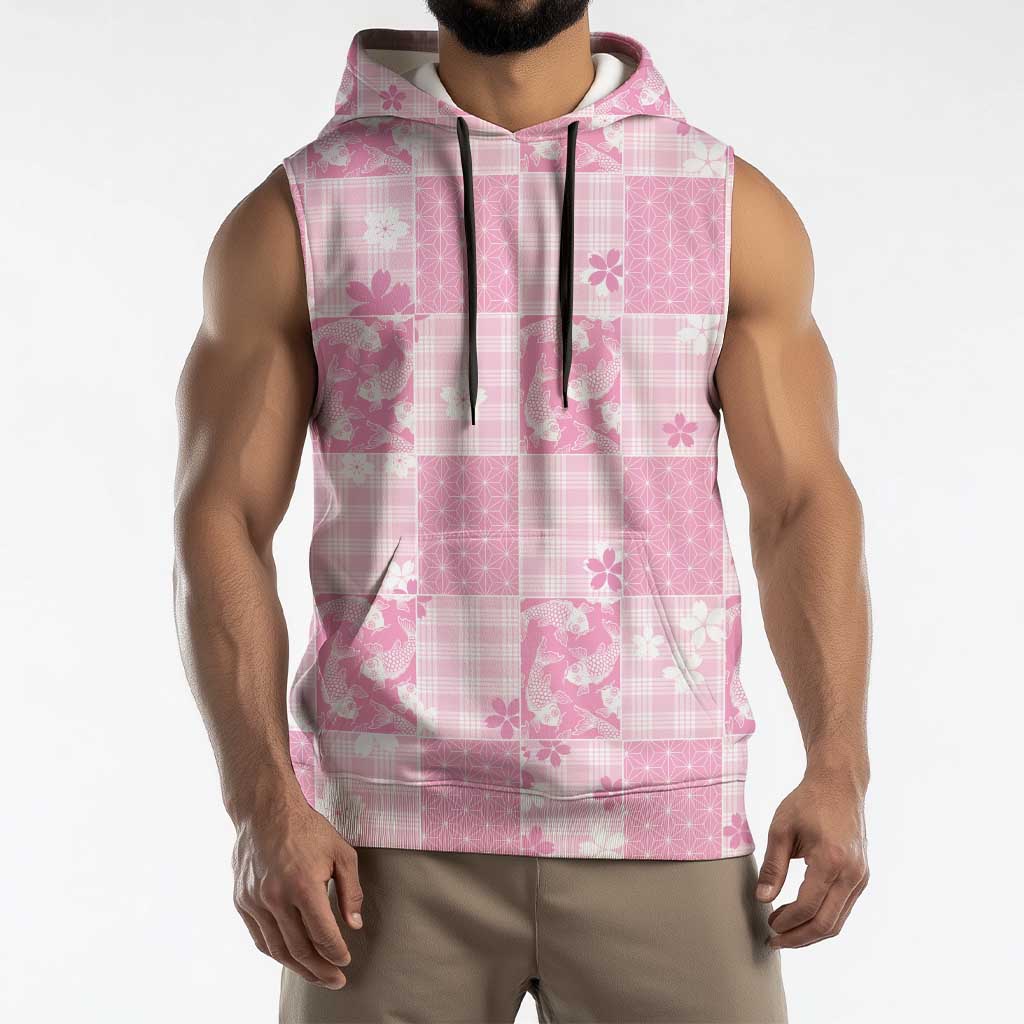 Pink Palaka Japanese Patterns Sleeveless Hoodie Koi Fish Asanoha Sakura Patchwork Stylized - Polynesian Pride