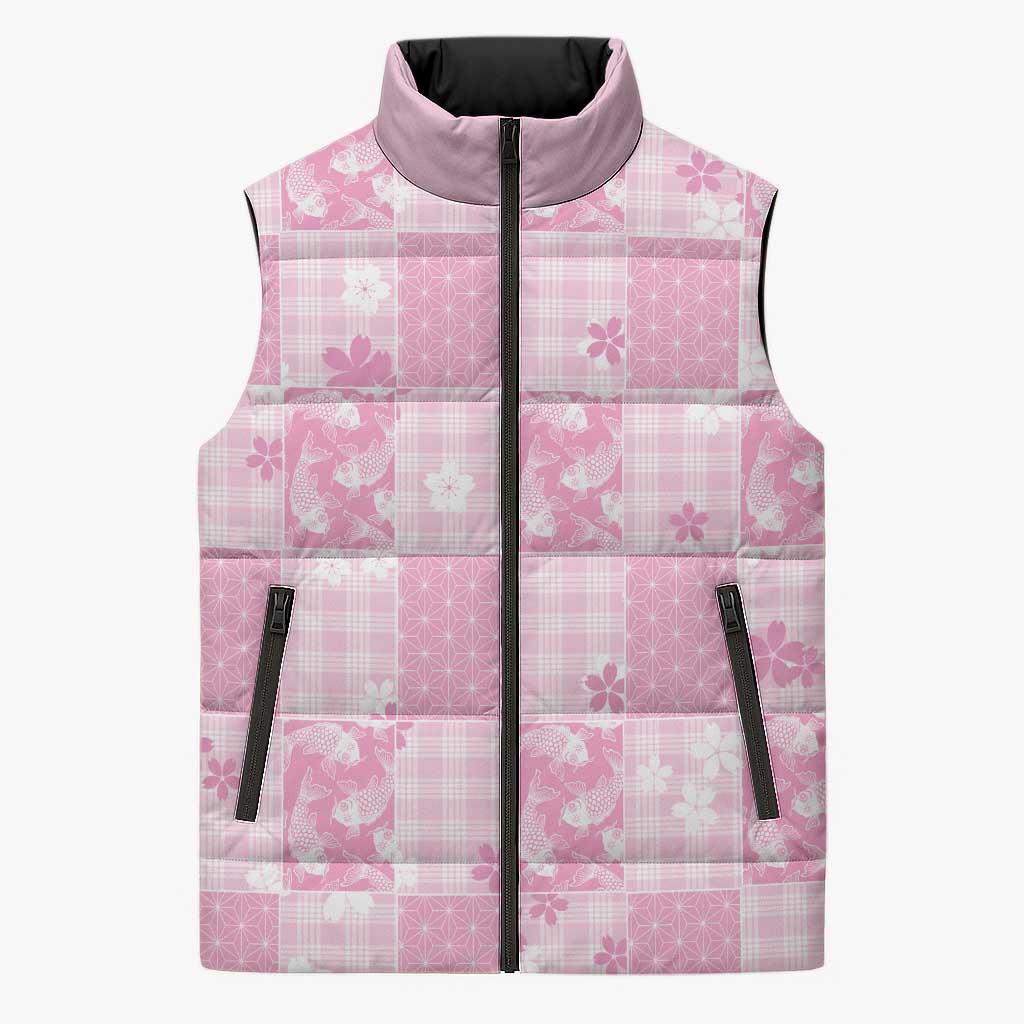 Pink Palaka Japanese Patterns Sleeveless Puffer Jacket Koi Fish Asanoha Sakura Patchwork Stylized - Polynesian Pride