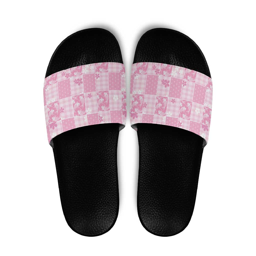 Pink Palaka Japanese Patterns Slide Sandals Koi Fish Asanoha Sakura Patchwork Stylized LT14 Pink - Polynesian Pride