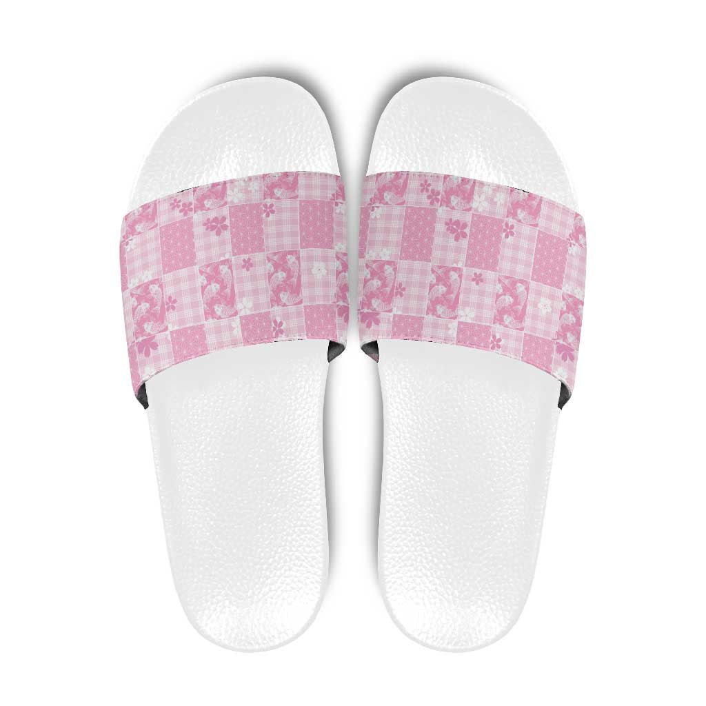 Pink Palaka Japanese Patterns Slide Sandals Koi Fish Asanoha Sakura Patchwork Stylized LT14 Pink - Polynesian Pride