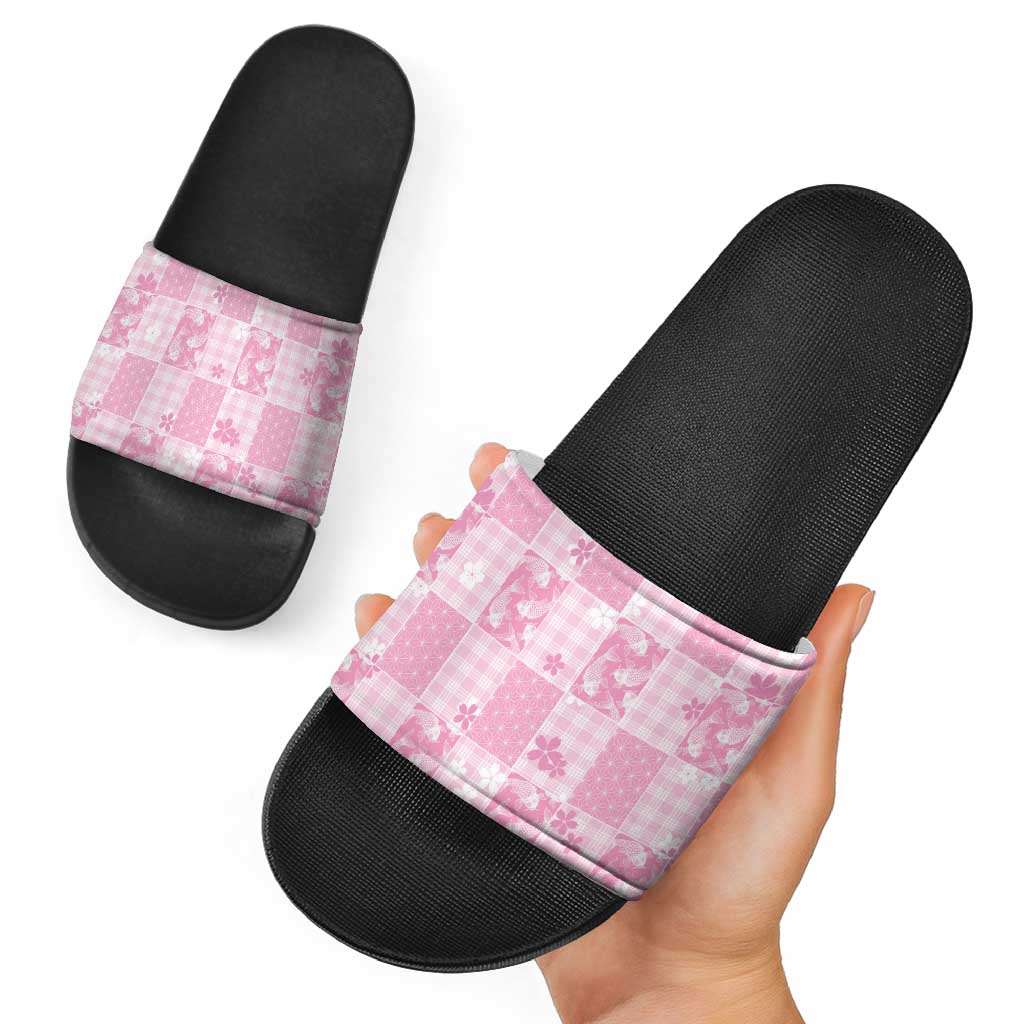 Pink Palaka Japanese Patterns Slide Sandals Koi Fish Asanoha Sakura Patchwork Stylized LT14 - Polynesian Pride