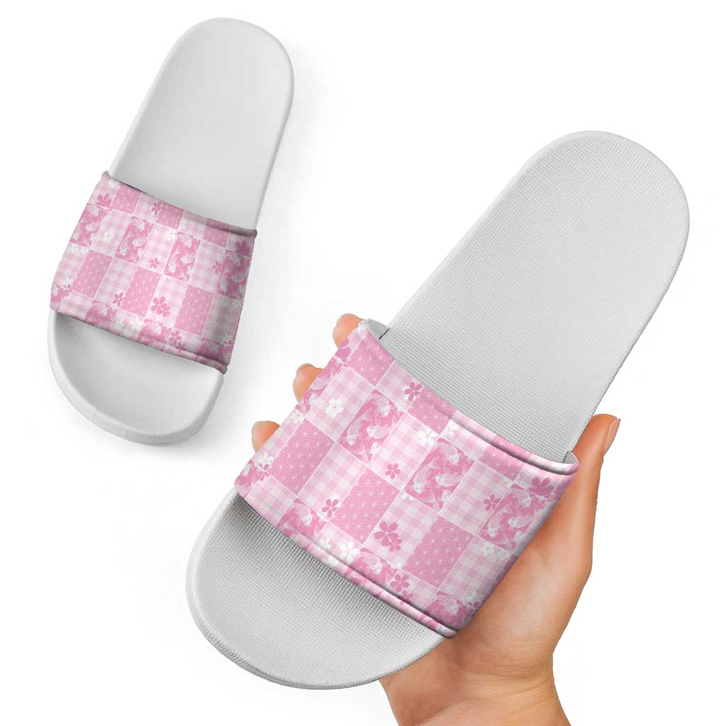 Pink Palaka Japanese Patterns Slide Sandals Koi Fish Asanoha Sakura Patchwork Stylized LT14 - Polynesian Pride