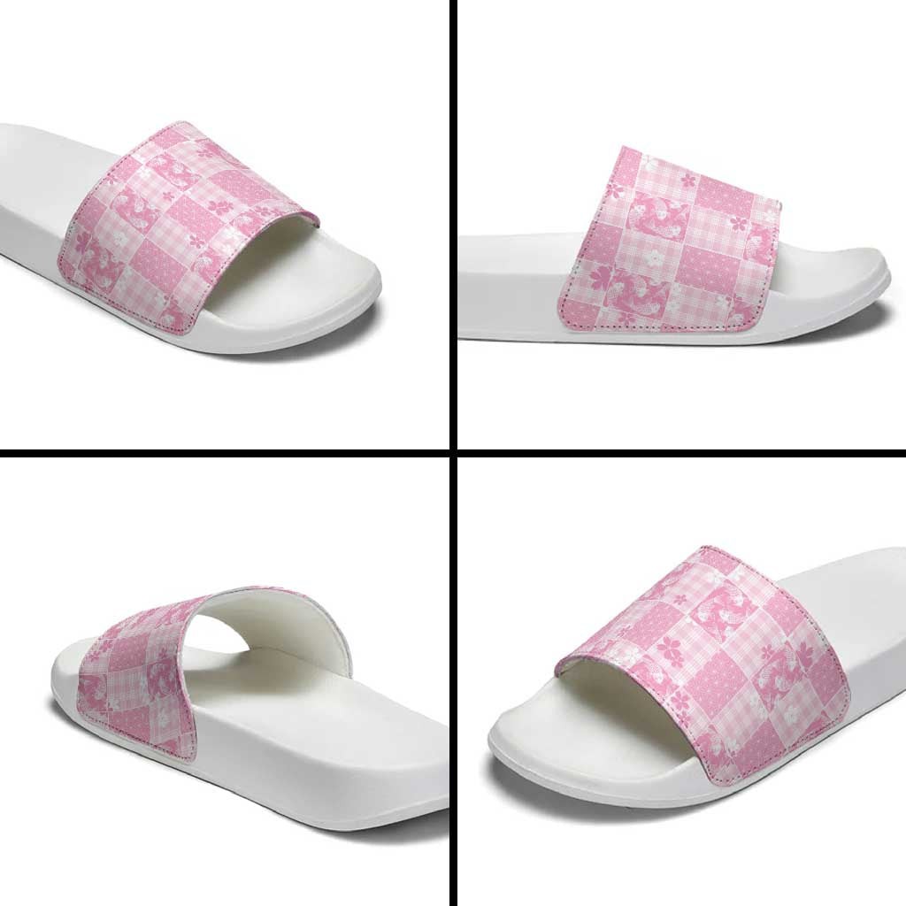 Pink Palaka Japanese Patterns Slide Sandals Koi Fish Asanoha Sakura Patchwork Stylized LT14 - Polynesian Pride