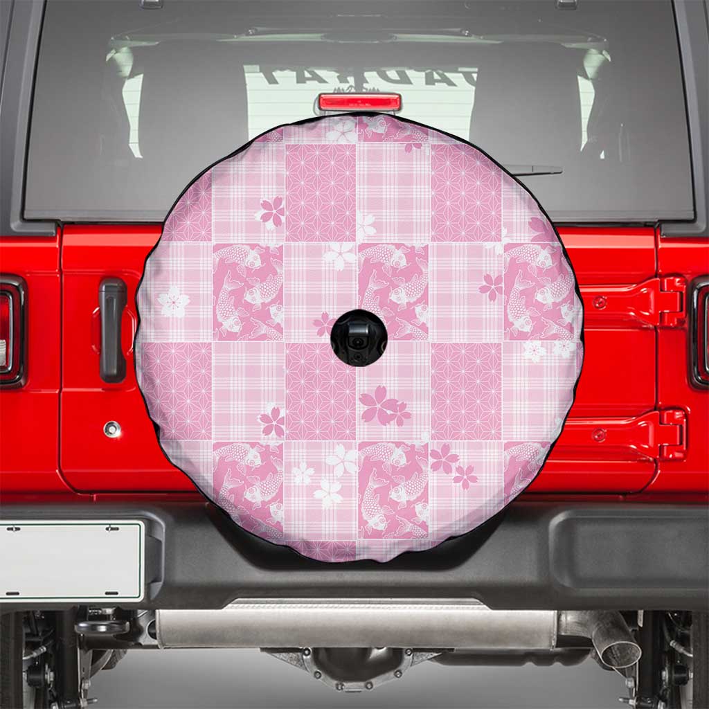 Pink Palaka Japanese Patterns Spare Tire Cover Koi Fish Asanoha Sakura Patchwork Stylized LT14 - Polynesian Pride