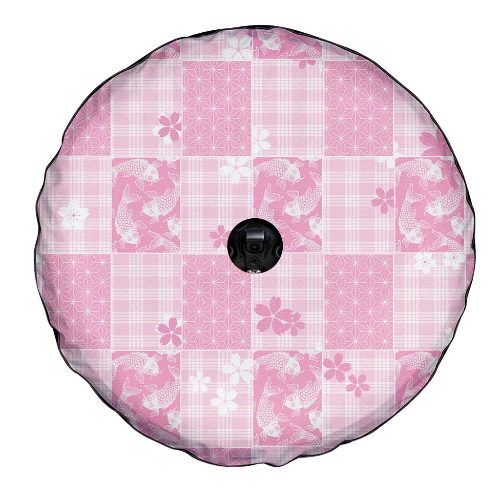 Pink Palaka Japanese Patterns Spare Tire Cover Koi Fish Asanoha Sakura Patchwork Stylized LT14 - Polynesian Pride