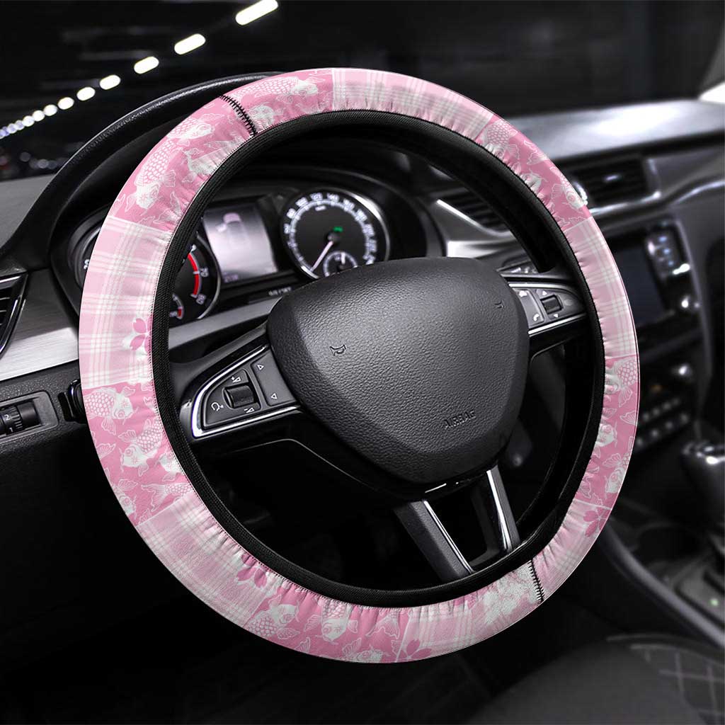 Pink Palaka Japanese Patterns Steering Wheel Cover Koi Fish Asanoha Sakura Patchwork Stylized LT14 Universal Fit Pink - Polynesian Pride