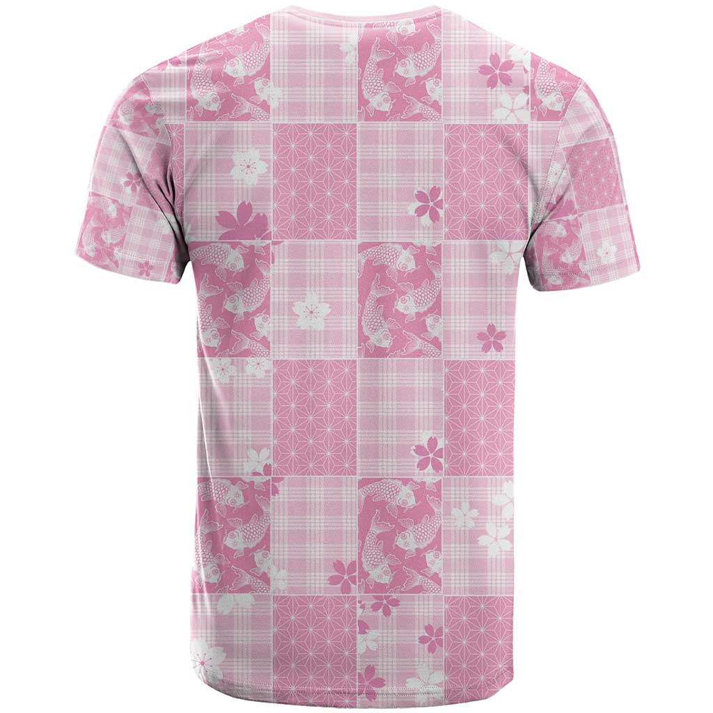 Pink Palaka Japanese Patterns T Shirt Koi Fish Asanoha Sakura Patchwork Stylized - Polynesian Pride