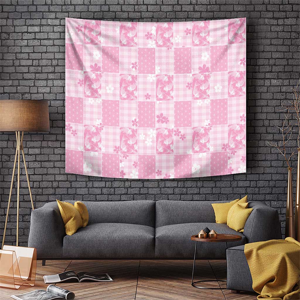 Pink Palaka Japanese Patterns Tapestry Koi Fish Asanoha Sakura Patchwork Stylized LT14 Pink - Polynesian Pride