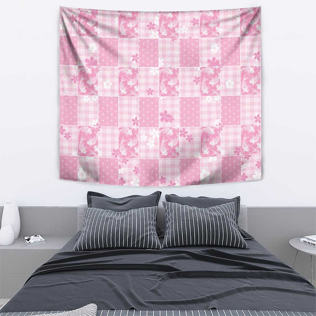 Pink Palaka Japanese Patterns Tapestry Koi Fish Asanoha Sakura Patchwork Stylized LT14 - Polynesian Pride