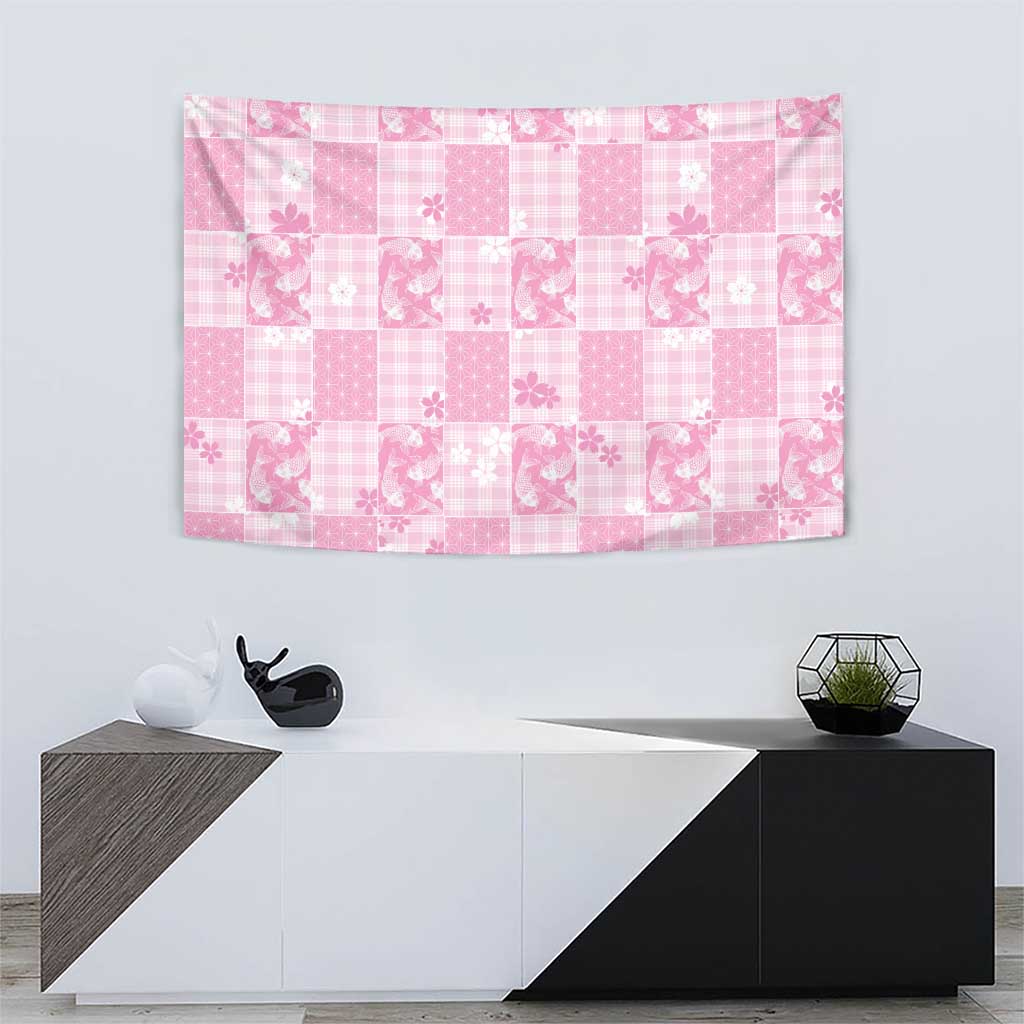 Pink Palaka Japanese Patterns Tapestry Koi Fish Asanoha Sakura Patchwork Stylized LT14 - Polynesian Pride