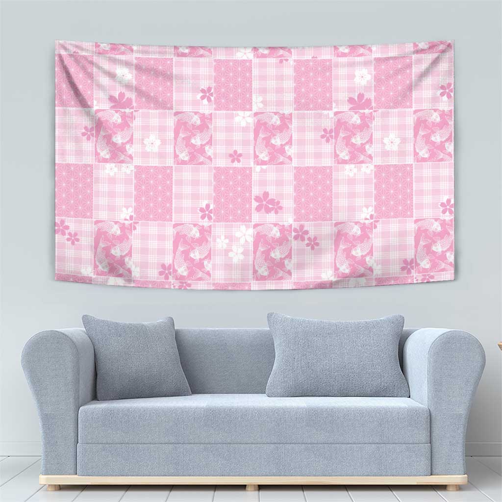 Pink Palaka Japanese Patterns Tapestry Koi Fish Asanoha Sakura Patchwork Stylized LT14 - Polynesian Pride