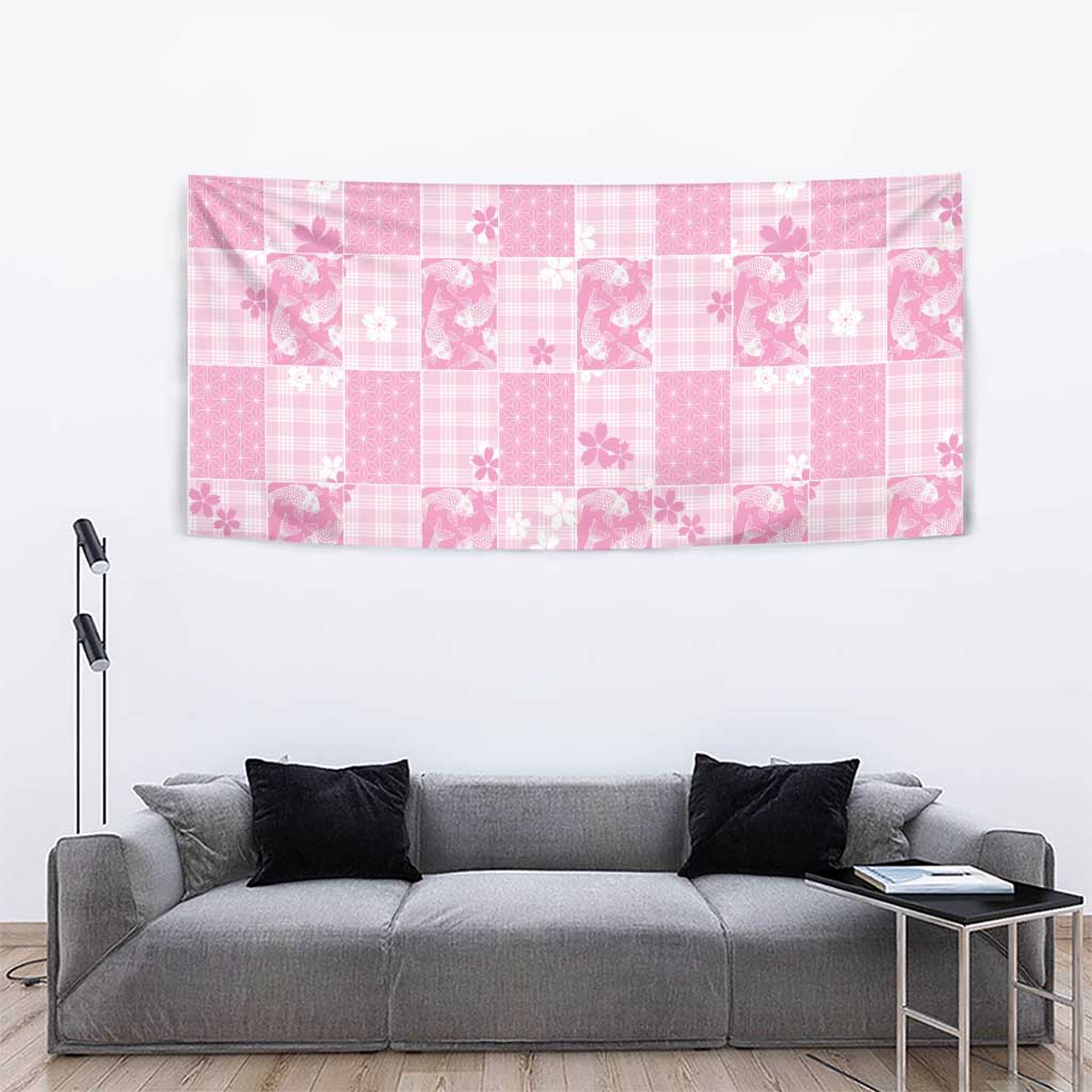 Pink Palaka Japanese Patterns Tapestry Koi Fish Asanoha Sakura Patchwork Stylized LT14 - Polynesian Pride