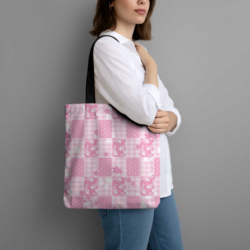 Pink Palaka Japanese Patterns Tote Bag Koi Fish Asanoha Sakura Patchwork Stylized - Polynesian Pride