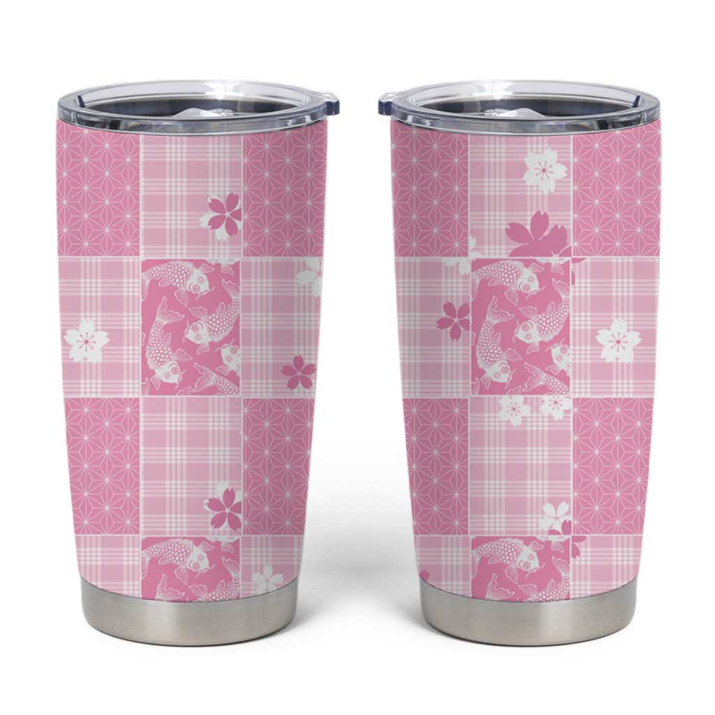 Pink Palaka Japanese Patterns Tumbler Cup Koi Fish Asanoha Sakura Patchwork Stylized - Polynesian Pride