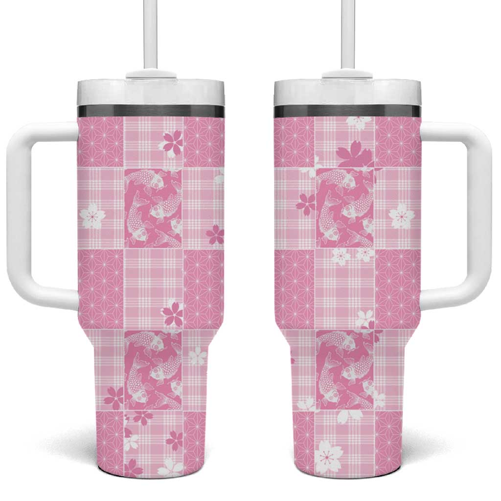 Pink Palaka Japanese Patterns Tumbler With Handle Koi Fish Asanoha Sakura Patchwork Stylized LT14 One Size: 40 oz Pink - Polynesian Pride