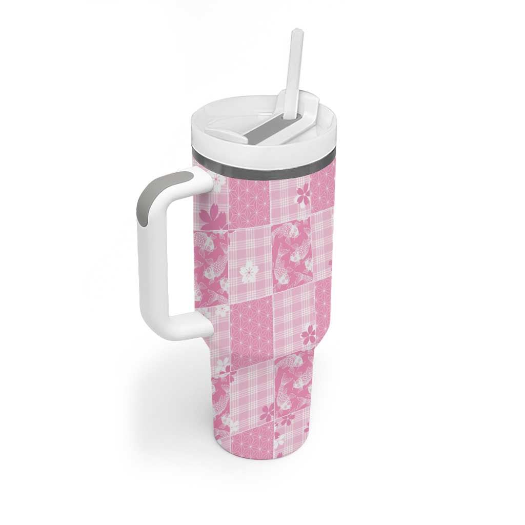 Pink Palaka Japanese Patterns Tumbler With Handle Koi Fish Asanoha Sakura Patchwork Stylized LT14 - Polynesian Pride