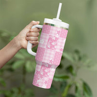 Pink Palaka Japanese Patterns Tumbler With Handle Koi Fish Asanoha Sakura Patchwork Stylized LT14 - Polynesian Pride