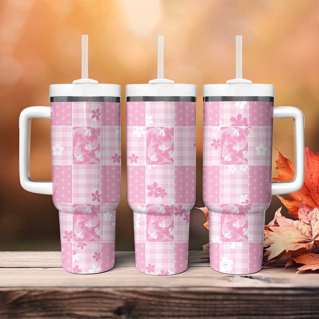 Pink Palaka Japanese Patterns Tumbler With Handle Koi Fish Asanoha Sakura Patchwork Stylized LT14 - Polynesian Pride