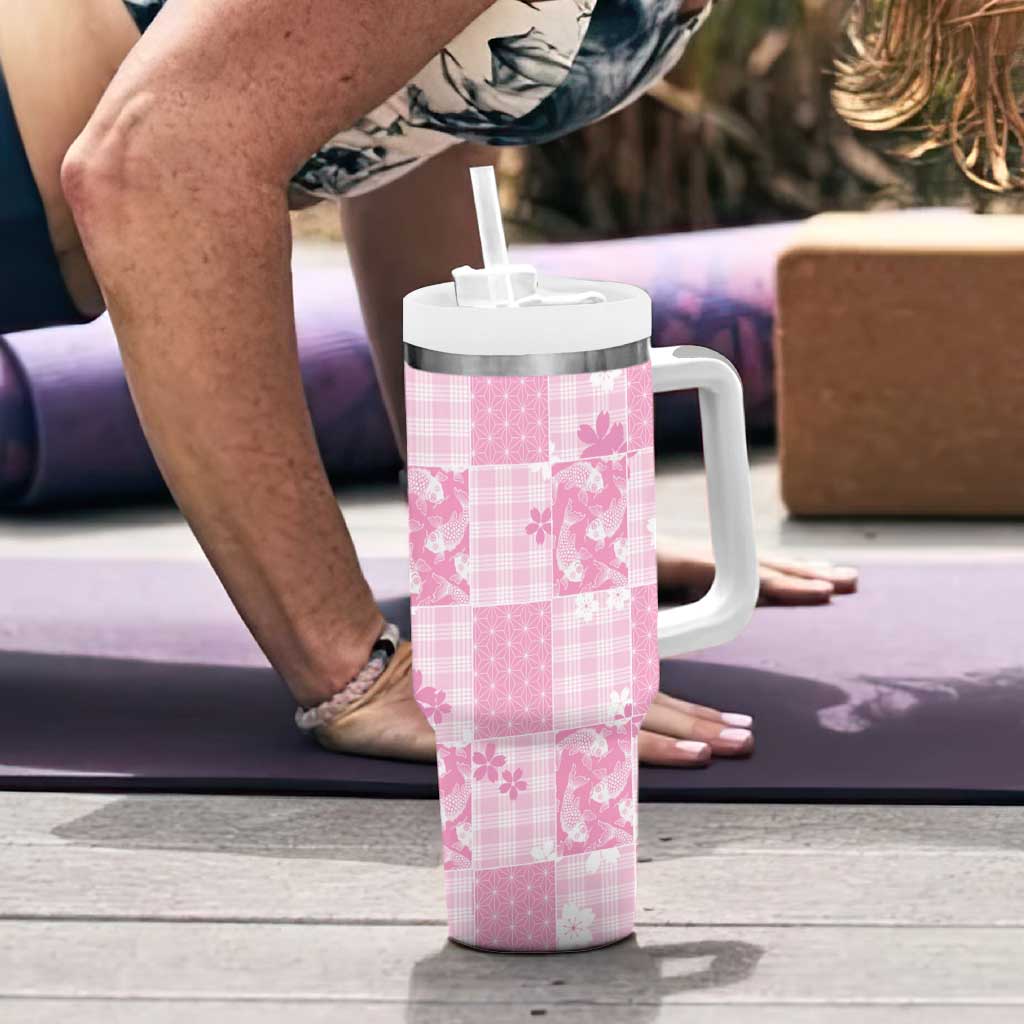 Pink Palaka Japanese Patterns Tumbler With Handle Koi Fish Asanoha Sakura Patchwork Stylized LT14 - Polynesian Pride