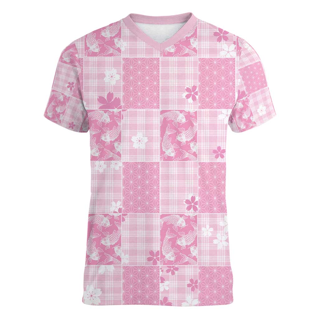 Pink Palaka Japanese Patterns Women V-Neck T-Shirt Koi Fish Asanoha Sakura Patchwork Stylized - Polynesian Pride