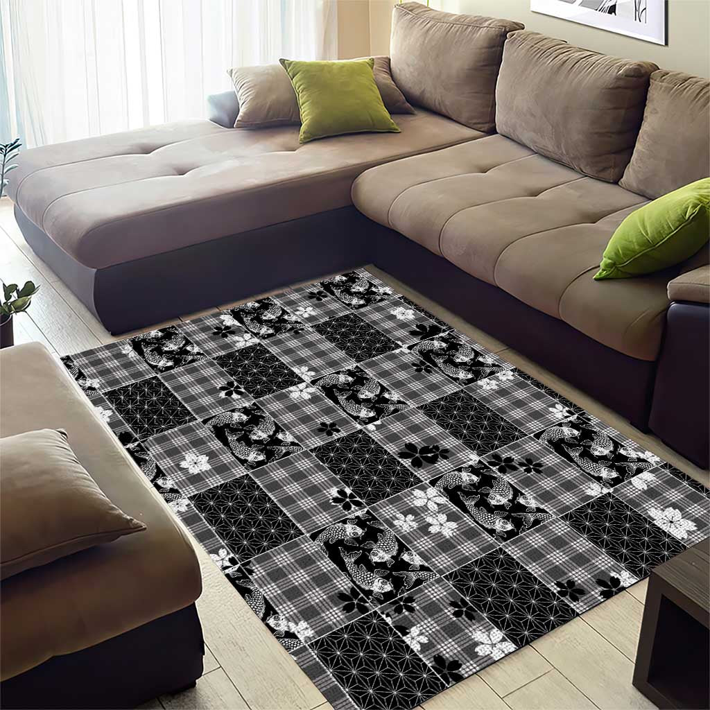 Black Palaka Japanese Patterns Area Rug Koi Fish Asanoha Sakura Patchwork Stylized - Polynesian Pride