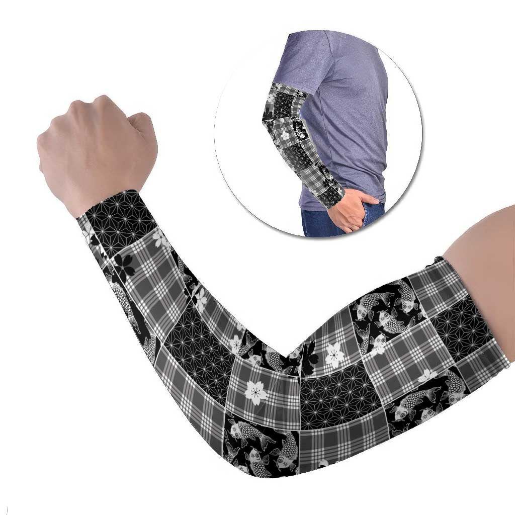 Black Palaka Japanese Patterns Arm Sleeves Koi Fish Asanoha Sakura Patchwork Stylized LT14 Set of 2 Black - Polynesian Pride