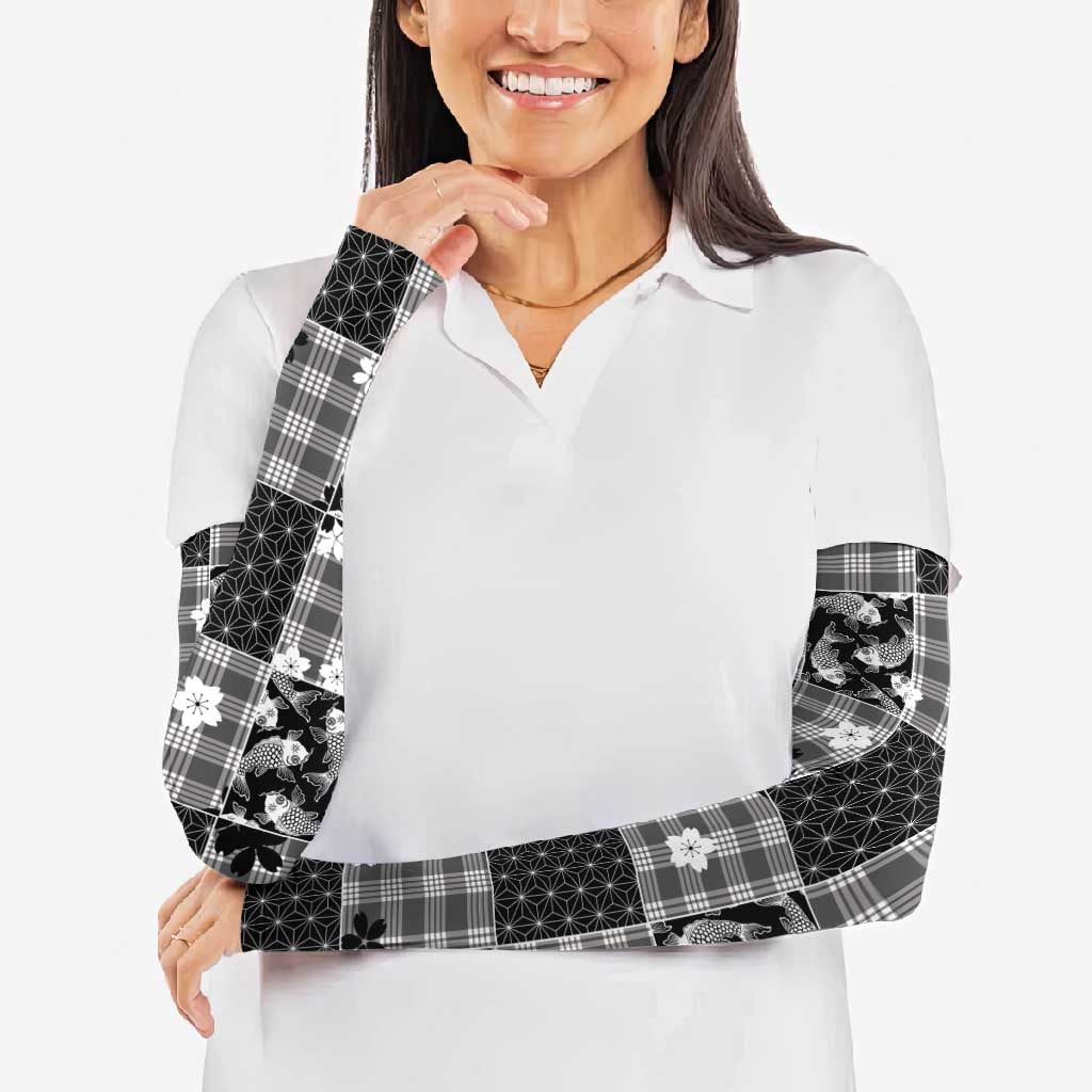 Black Palaka Japanese Patterns Arm Sleeves Koi Fish Asanoha Sakura Patchwork Stylized LT14 - Polynesian Pride