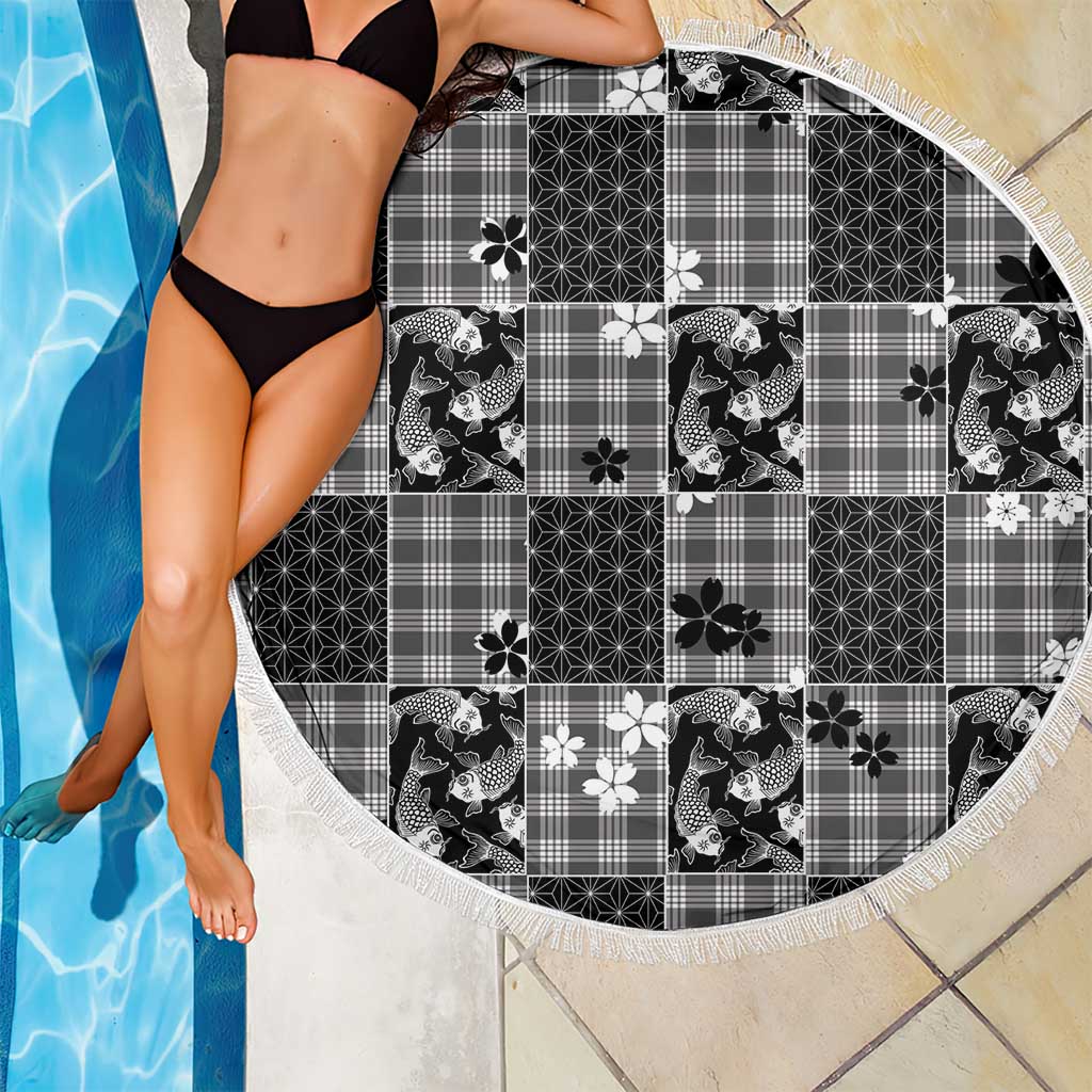 Black Palaka Japanese Patterns Beach Blanket Koi Fish Asanoha Sakura Patchwork Stylized LT14 - Polynesian Pride
