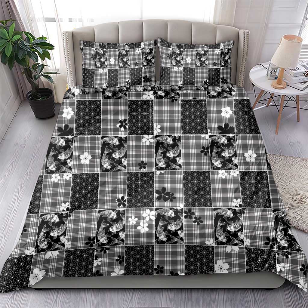 Black Palaka Japanese Patterns Bedding Set Koi Fish Asanoha Sakura Patchwork Stylized - Polynesian Pride