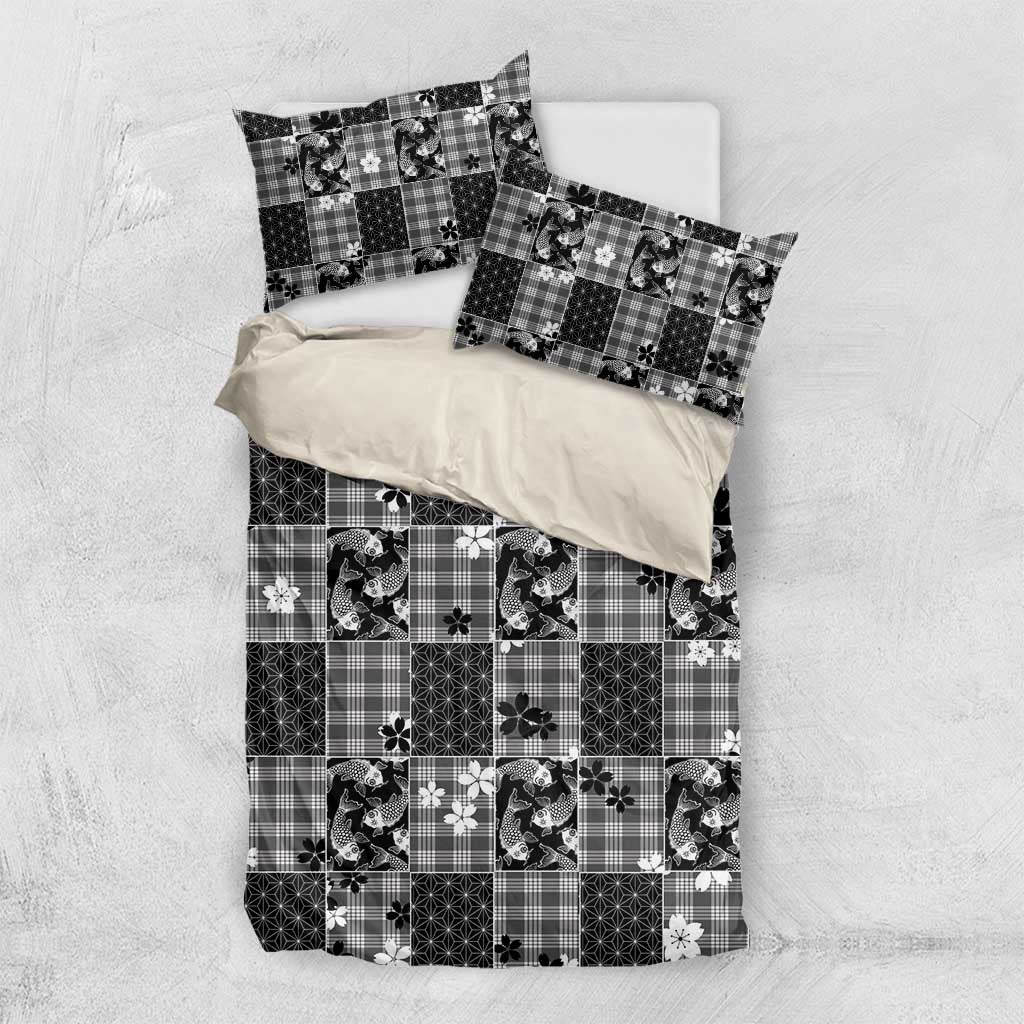 Black Palaka Japanese Patterns Bedding Set Koi Fish Asanoha Sakura Patchwork Stylized - Polynesian Pride