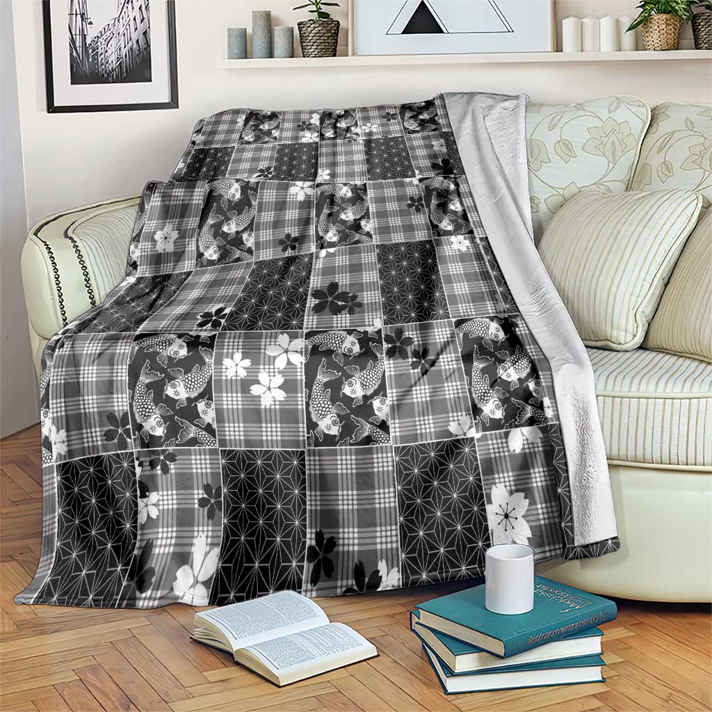 Black Palaka Japanese Patterns Blanket Koi Fish Asanoha Sakura Patchwork Stylized LT14 Black - Polynesian Pride