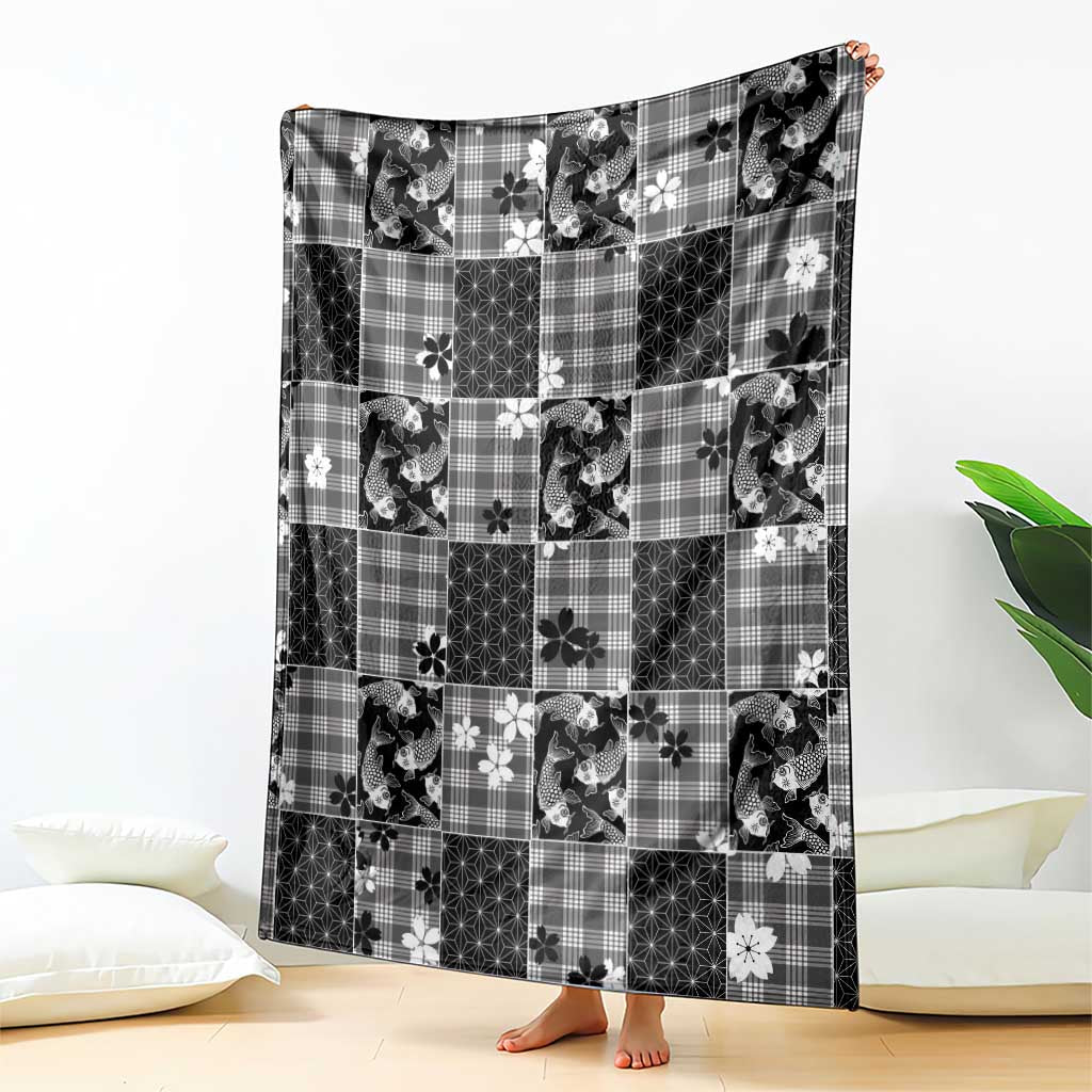 Black Palaka Japanese Patterns Blanket Koi Fish Asanoha Sakura Patchwork Stylized LT14 - Polynesian Pride