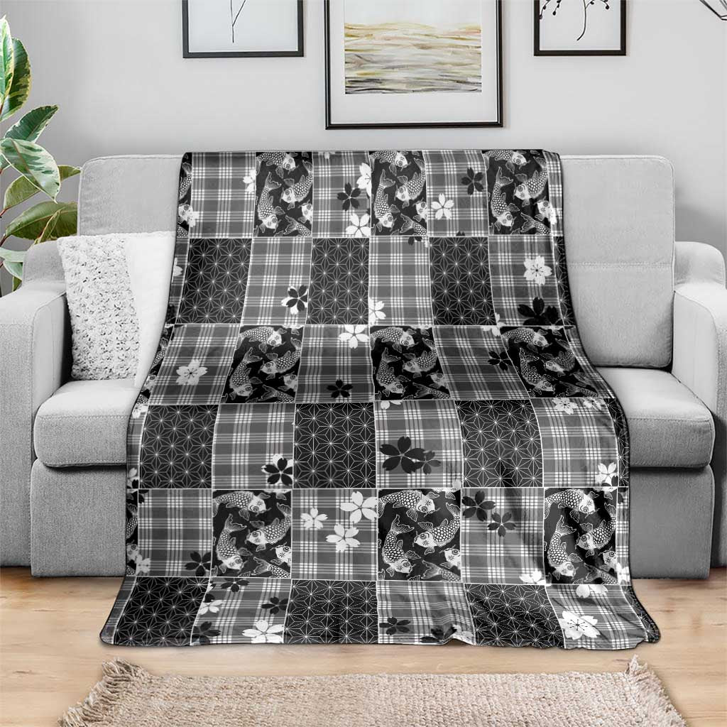 Black Palaka Japanese Patterns Blanket Koi Fish Asanoha Sakura Patchwork Stylized LT14 - Polynesian Pride