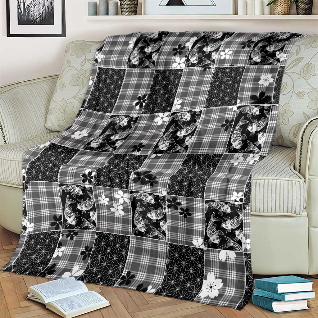 Black Palaka Japanese Patterns Blanket Koi Fish Asanoha Sakura Patchwork Stylized LT14 - Polynesian Pride