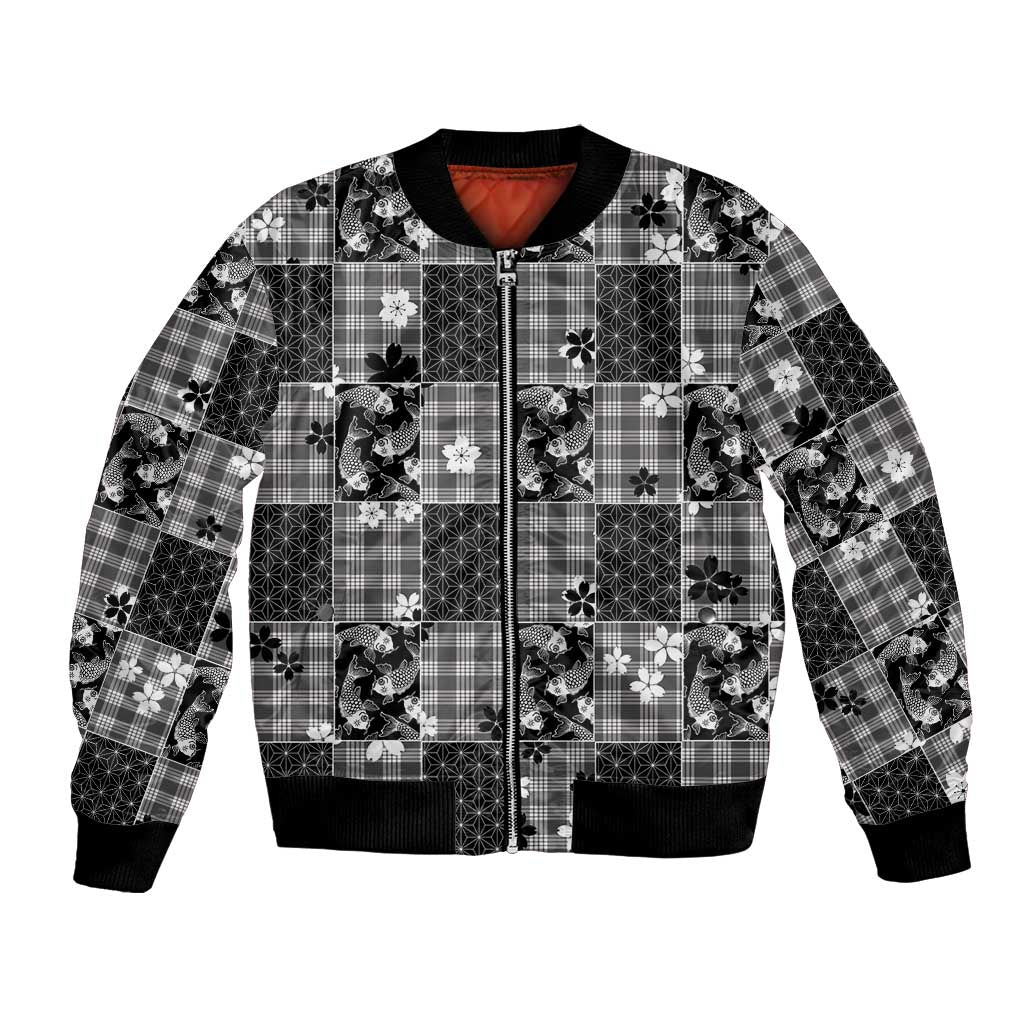 Black Palaka Japanese Patterns Bomber Jacket Koi Fish Asanoha Sakura Patchwork Stylized - Polynesian Pride