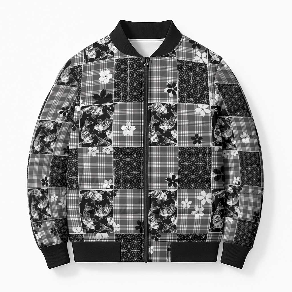 Black Palaka Japanese Patterns Bomber Puffer Jacket Koi Fish Asanoha Sakura Patchwork Stylized LT14 Unisex Black - Polynesian Pride